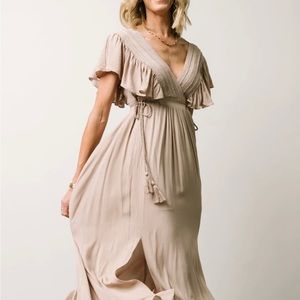 Tan Deep V Midi Dress